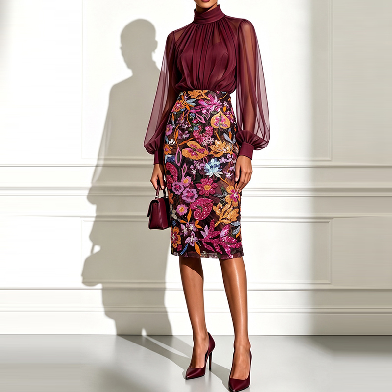 Midi Skirt Floral - Sexy High Neck Sheer Mesh Blouse