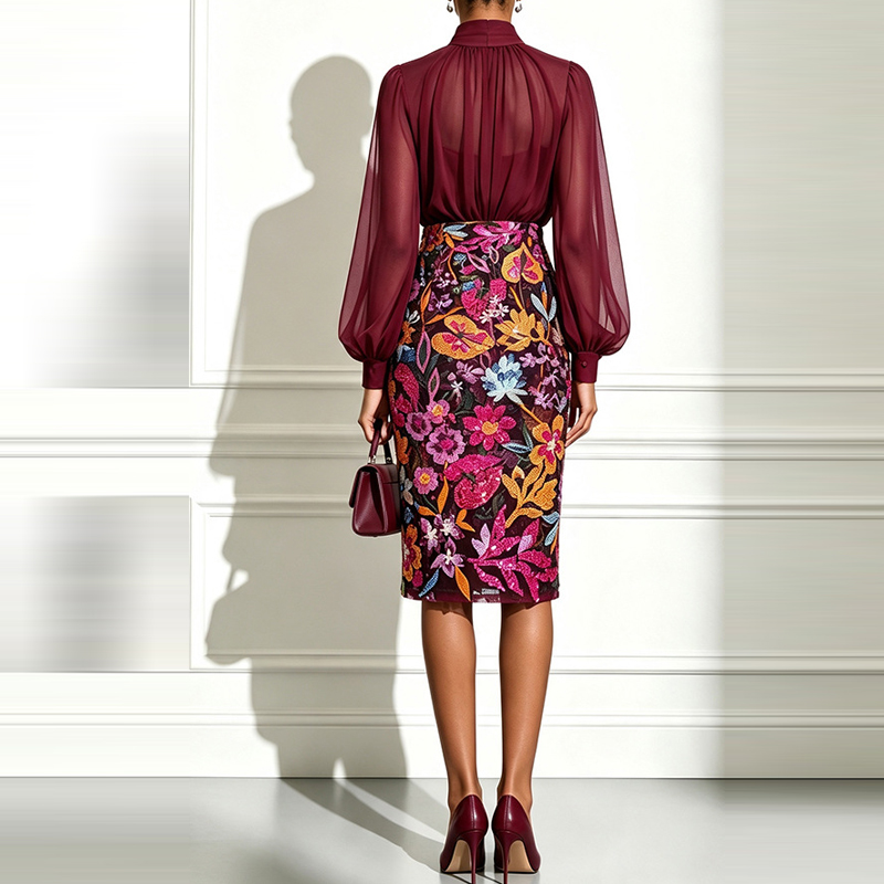 Sexy High Neck Sheer Mesh Blou - Midi Skirt Floral review and price