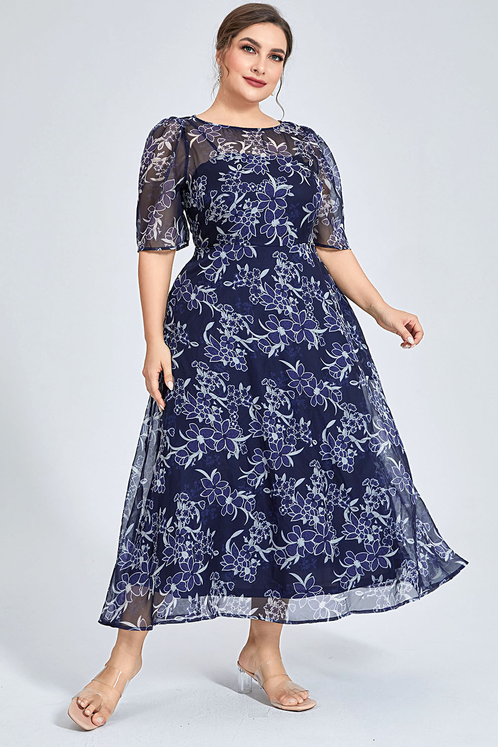 Plus Size Navy Floral Chiffon  - Midi Skirt Floral review and price